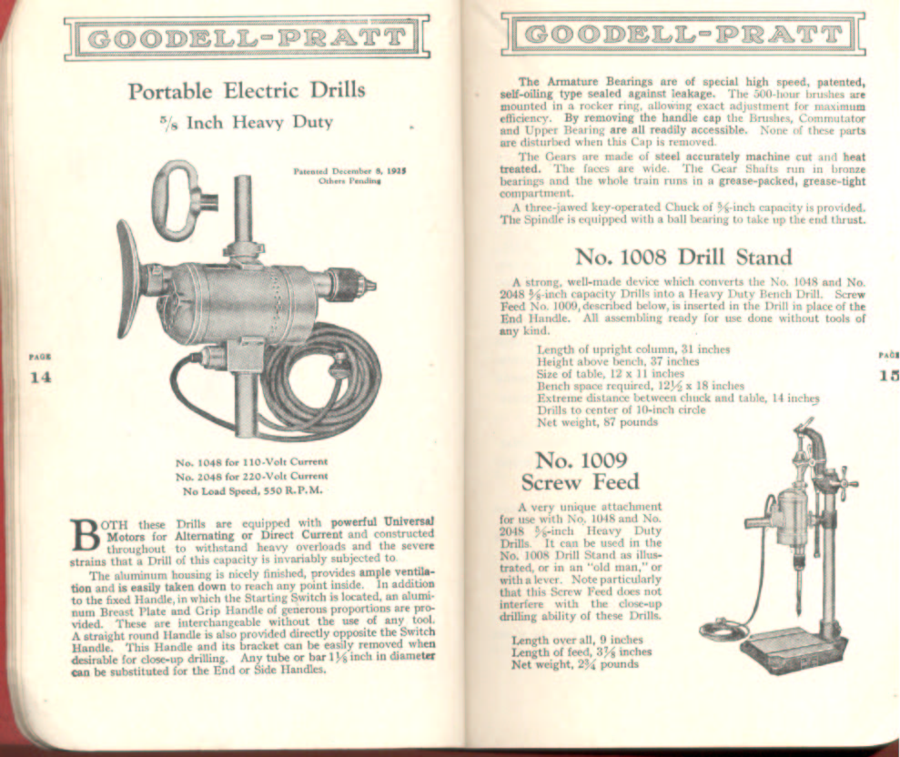Goodell Pratt Electric Drills, Stand, Screw Feed