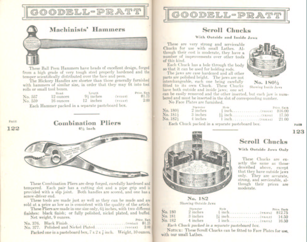 Goodell Pratt Hammer, Pliers, Scroll Chucks