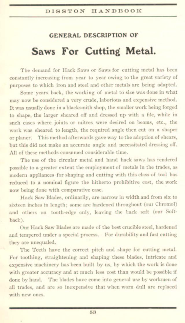 1912 Disston Saws for Cutting Metal