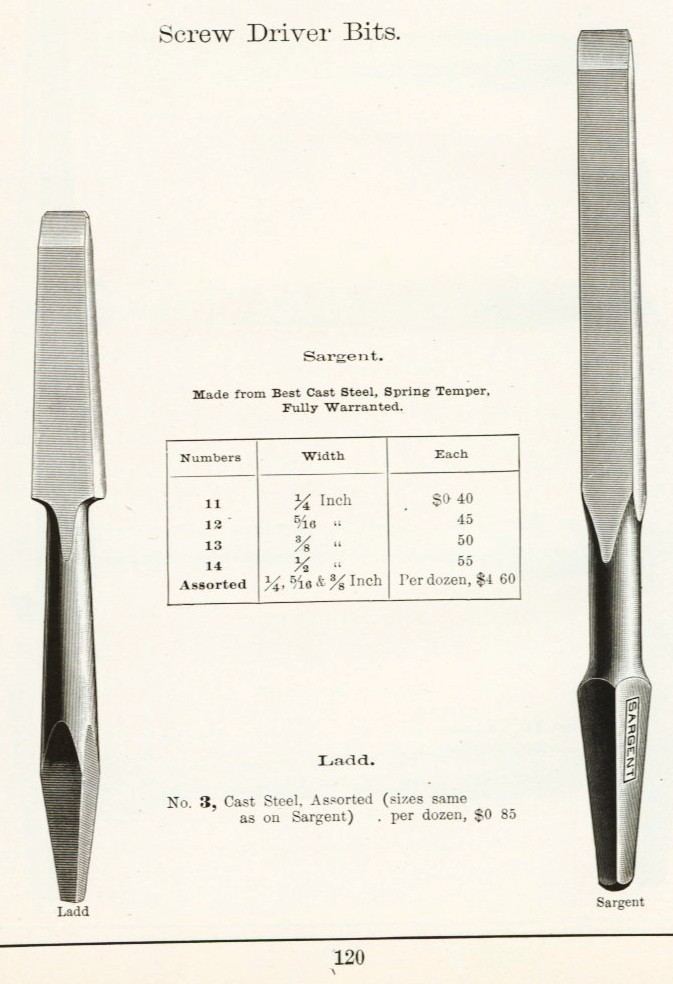 Sargent Screw Driver bits from 1911 catalog