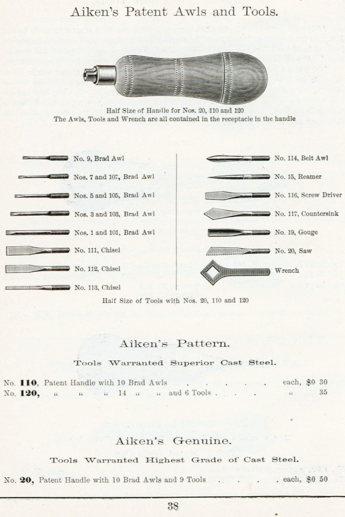 Aiken's Patent awl and tools
