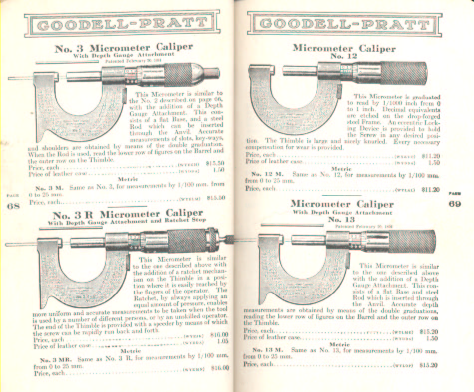 Goodell Pratt Micrometer Calipers # 3, 3R, 12, 13