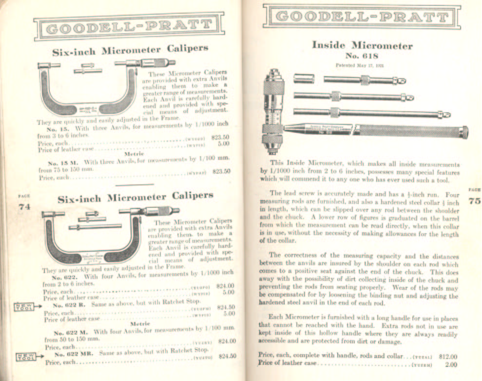 Goodell Pratt Inside and 6" Micrometers