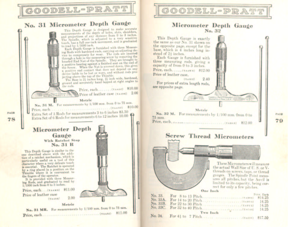 Goodell Pratt Depth Gauges and Screw Thread 