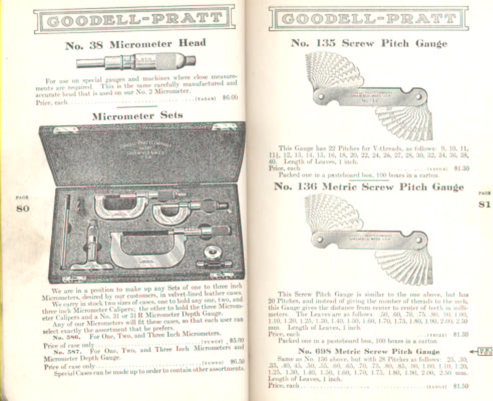 Goodell Pratt Micrometer Head, Sets, Pitch Gauges