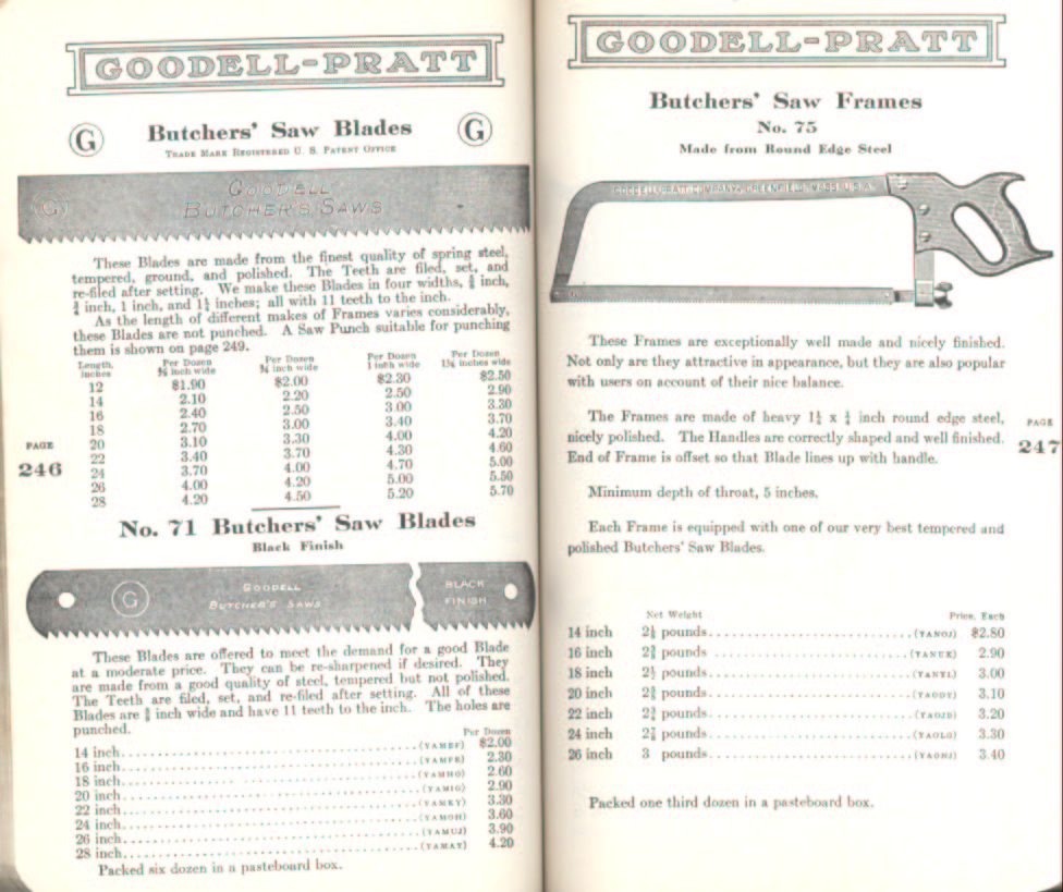 Goodell Pratt Butchers' Saw Frames and Blades