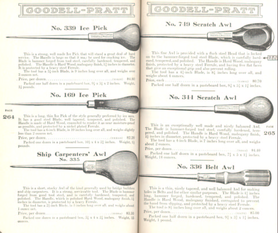 Goodell Pratt Ice Picks, Scratch, Belt Awl