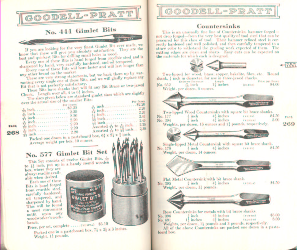 Goodell Pratt Gimlet Bits and Sets, Countersinks