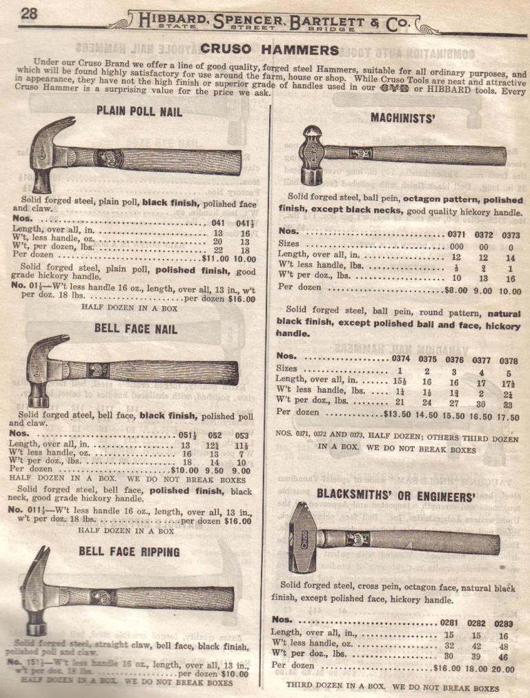 Cruso Plain Poll, Bell Face, Blacksmith Hammers