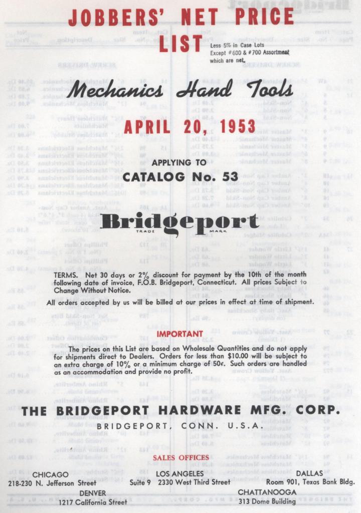 Bridgeport Hardware Mfg. Corp. Price list 1953