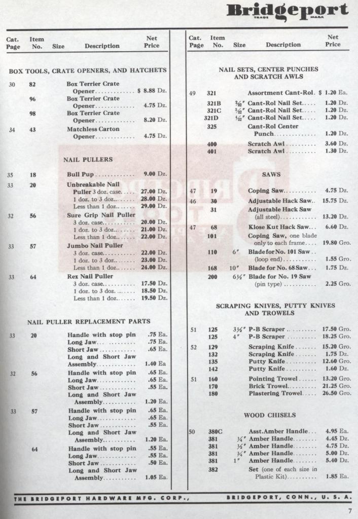 Bridgeport price list 1953