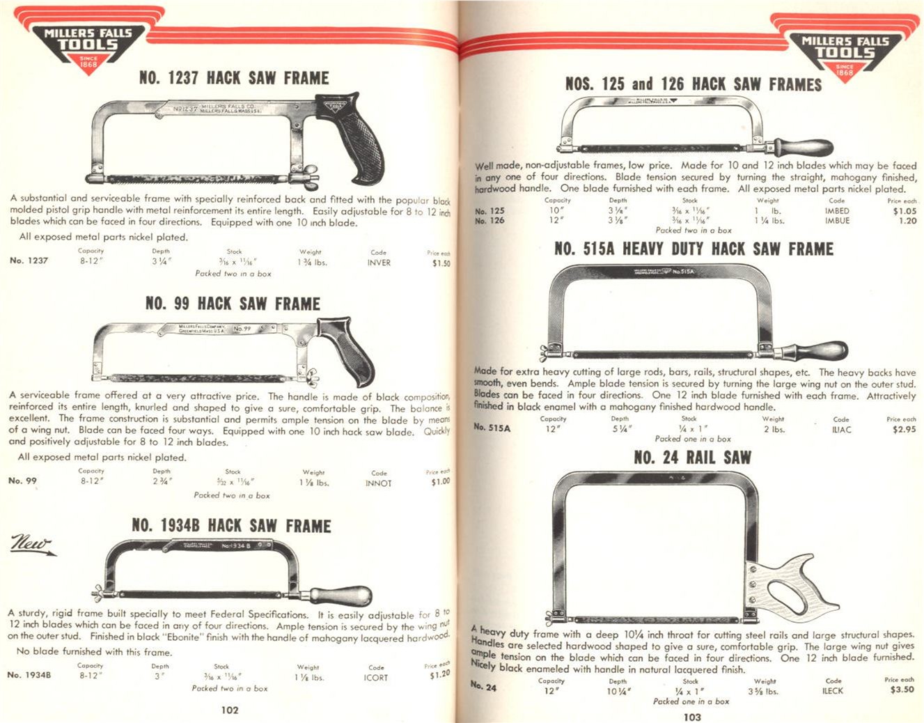 Millers Falls Hack Saw and Rail Frames