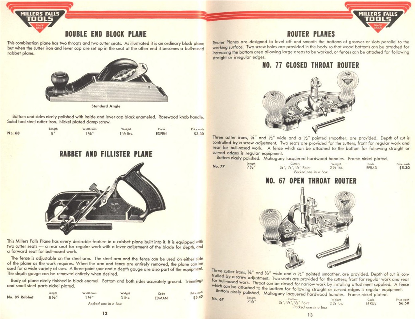 Millers Falls Double End, Fillister, Router Planes
