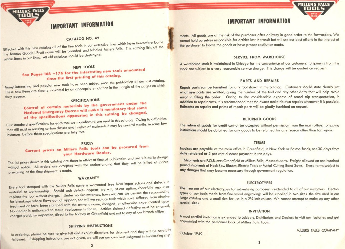 Millers Falls # 49 Catalog Information