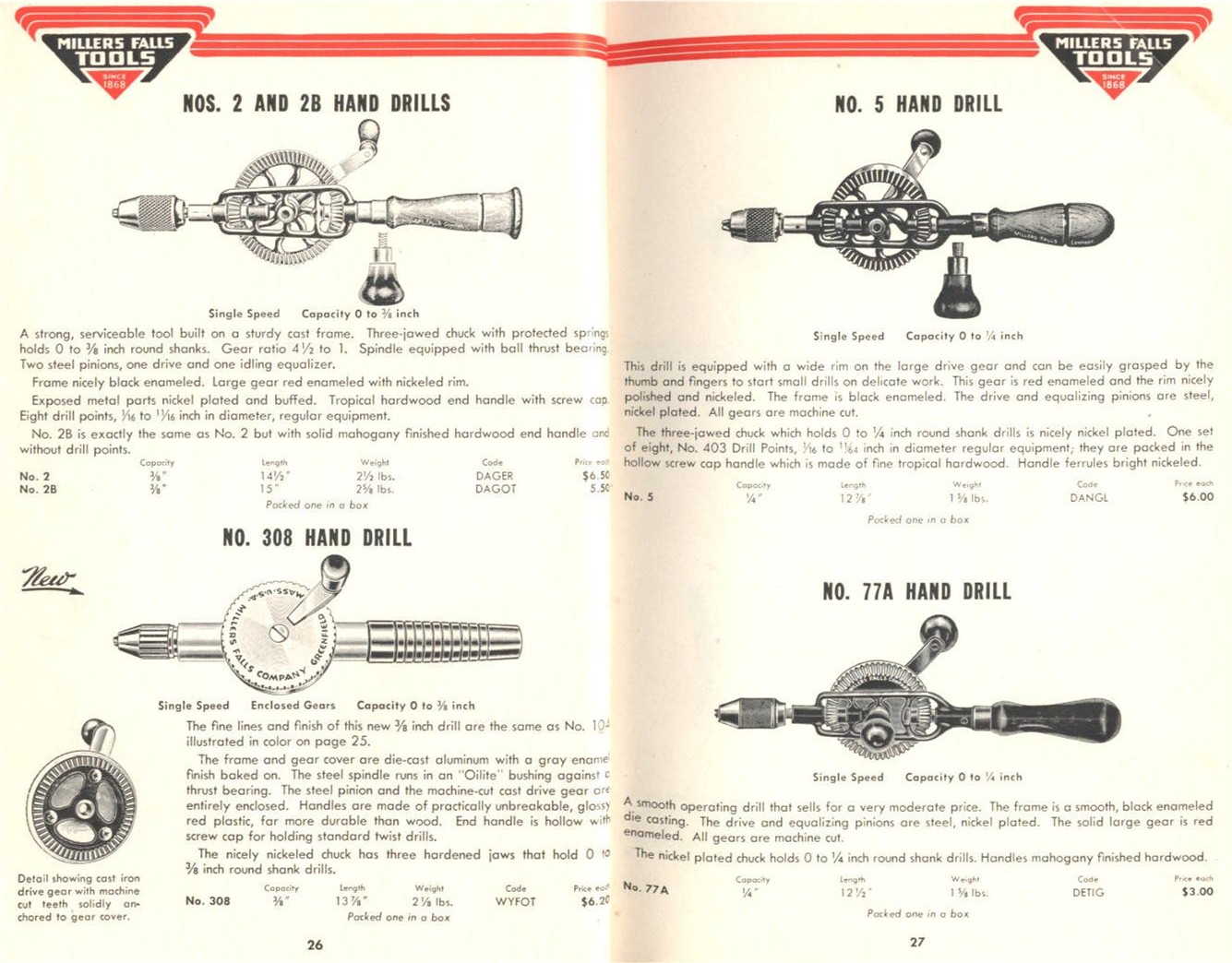 Millers Falls Hand Drill # 2, 2B, 308, 5, 77A