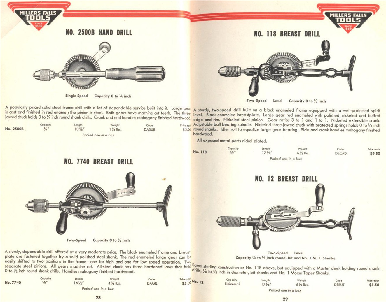 Millers Falls Hand and Breast Drills
