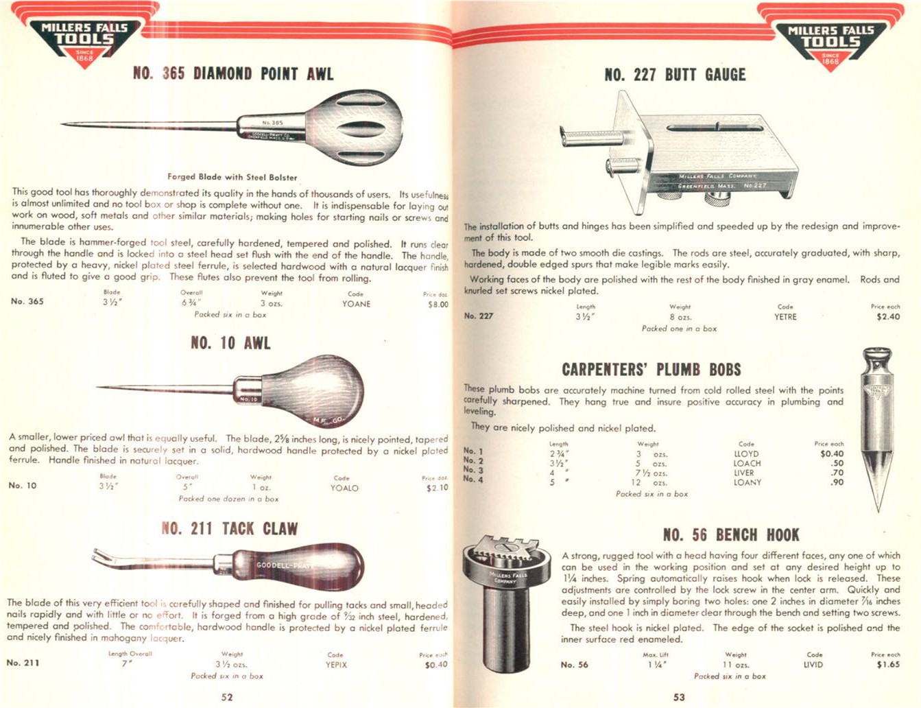 Millers Falls Awl, Butt Gauge, Plumb Bob