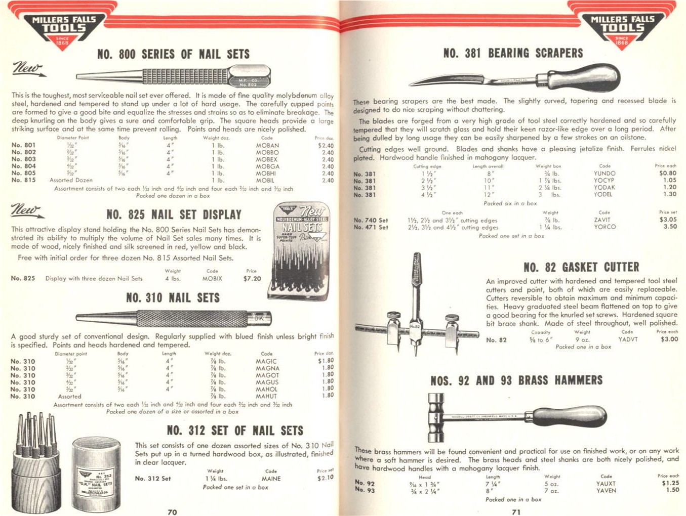 Millers Falls Nail Sets, Bearing Scraper, Hammer