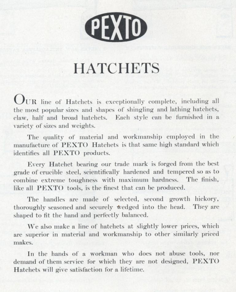 1923 PEXTO Hatchet description ad