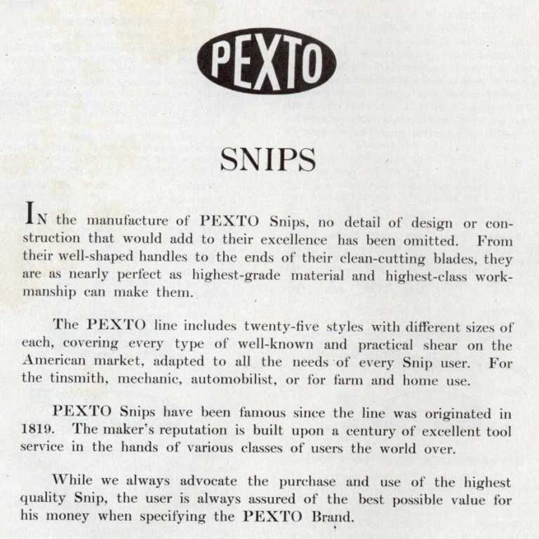 PEXTO Snips description ad for 1923