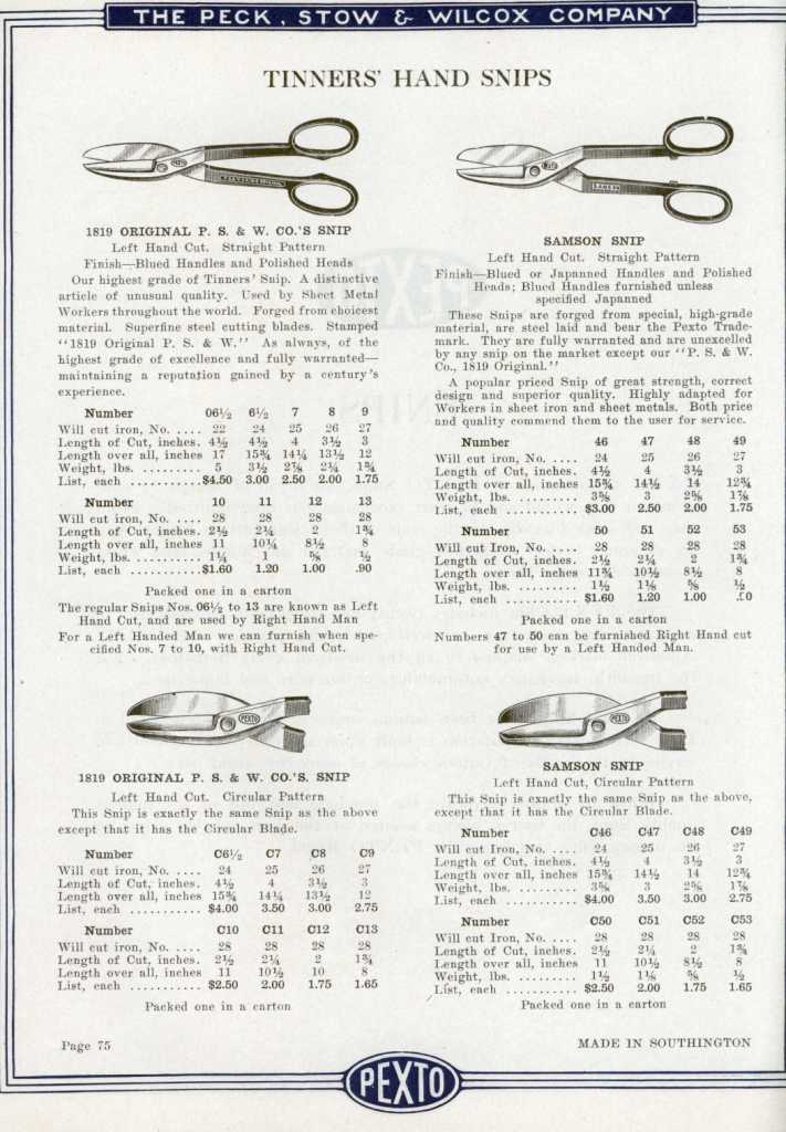 Tinners' Hand Snips Samson & P. S. & W. Co.