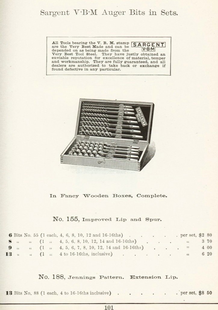 Sargent auger bit set 155 from 1911 catalog