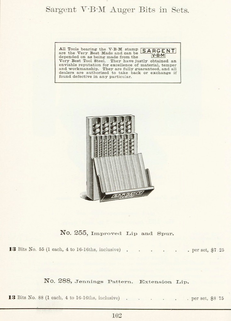 Sargent auger bit set 255 from 1911 catalog