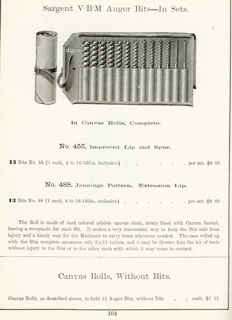 Sargent auger bit set from 1911 catalog