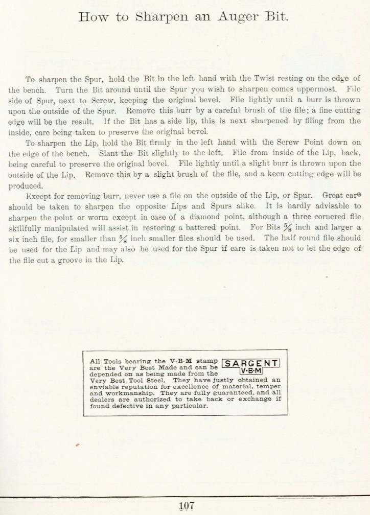 Sargent How to sharpen an auger bit from 1911