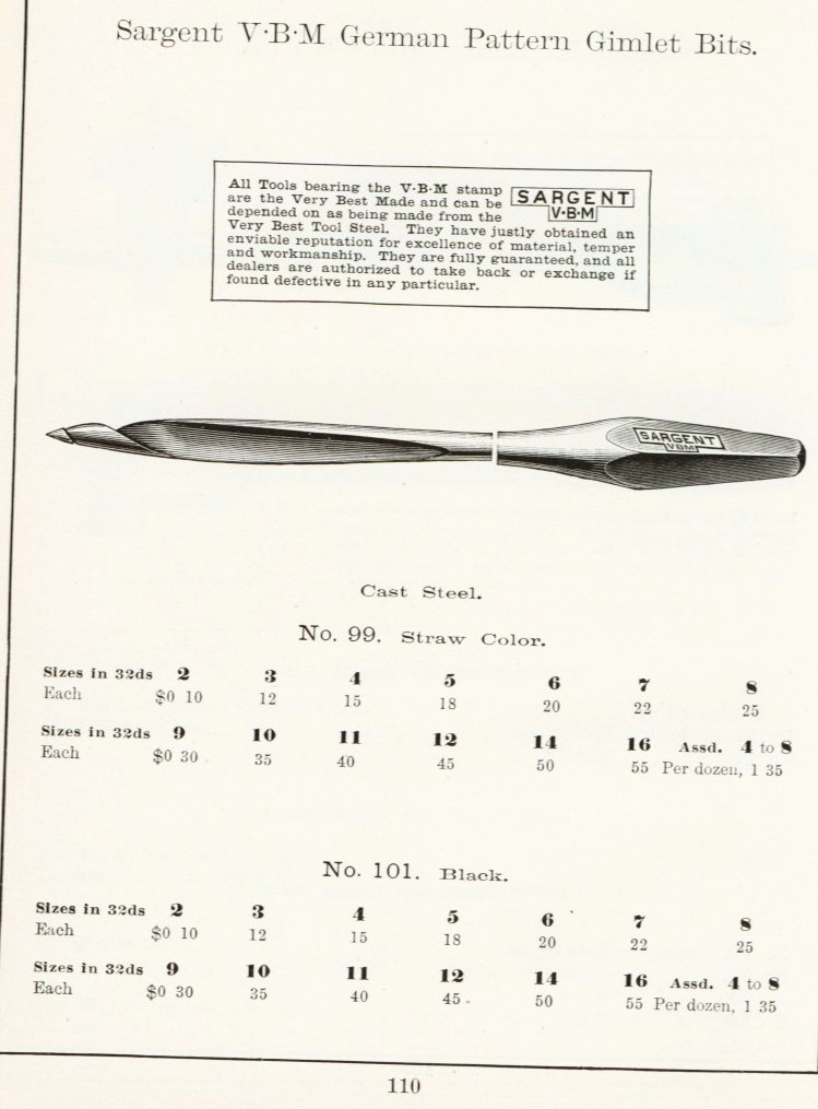 Sargent German Pattern Gimlet bit from 1911