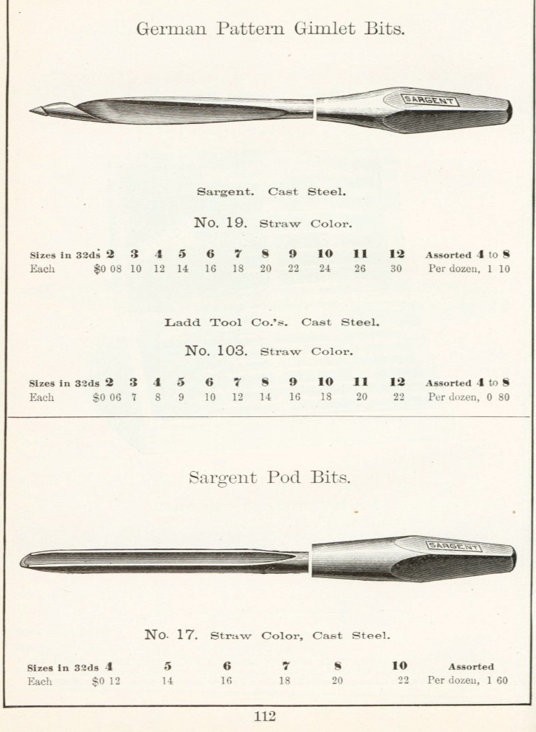 Sargent German pattern Pod Gimlet bit from 1911