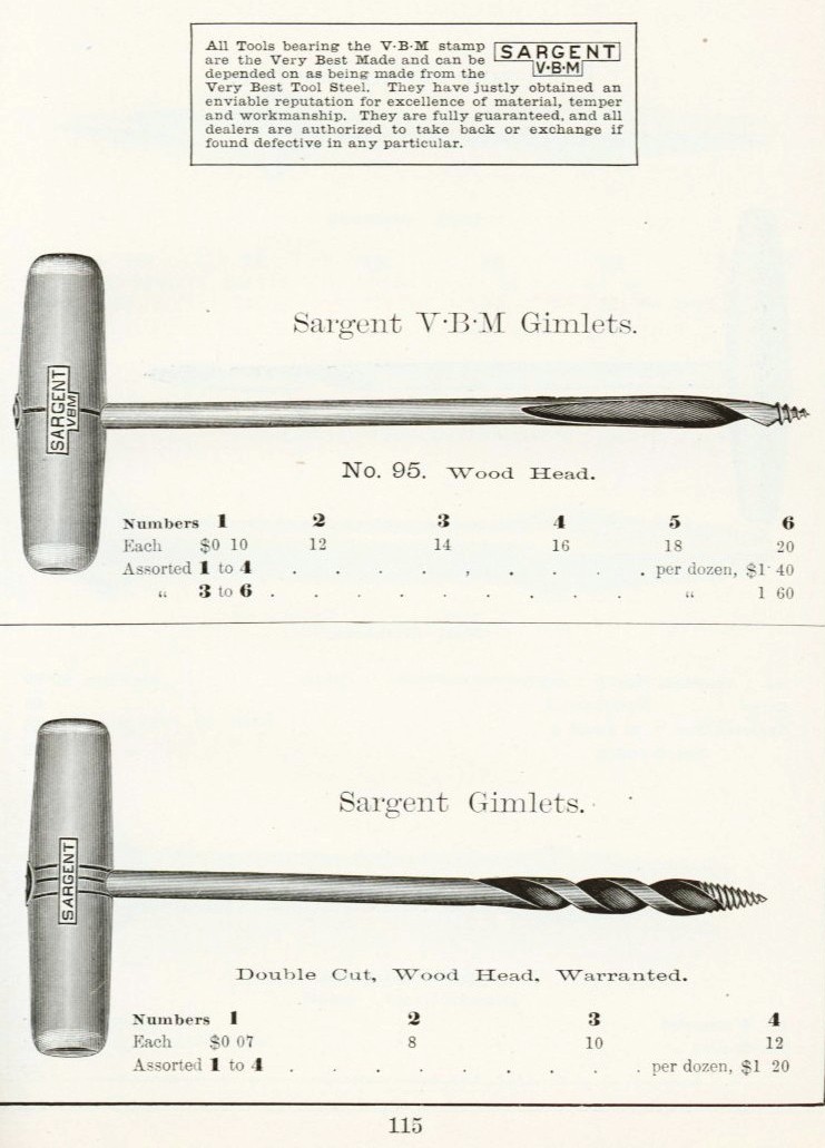 Sargent VBM Gimlets # 95 from 1911 catalog