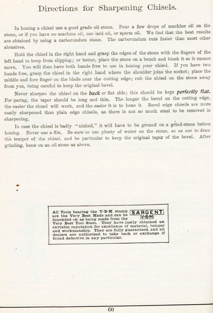 Sargent how to sharpen chisels from 1911 catalog