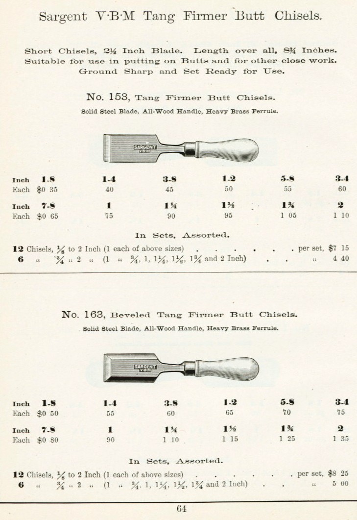 Sargent tang firmer butt chisel from 1911 catalog