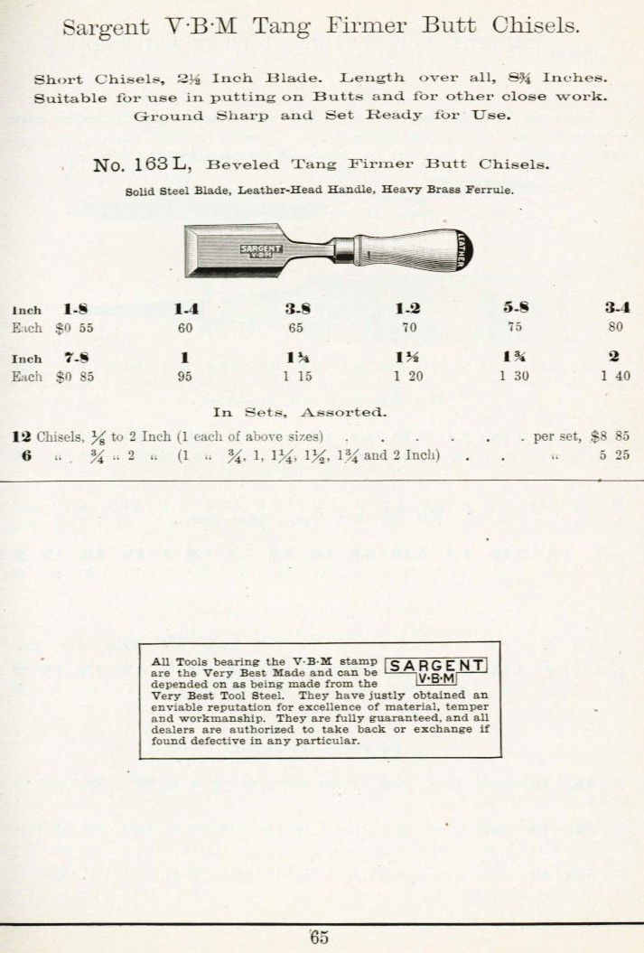 Sargent tang firmer butt chisel from 1911 catalog
