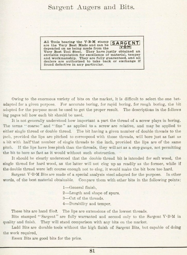 Sargent Augers and Bits 1911 catalog