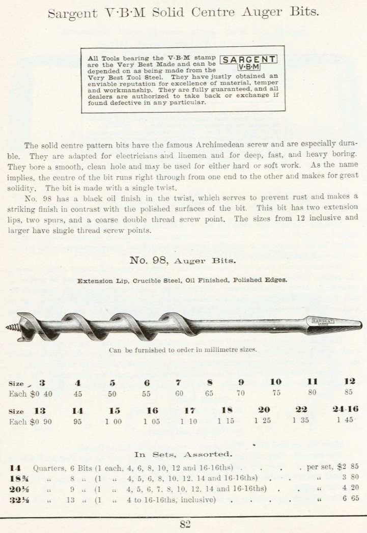 Sargent Solid Center Auger Bit 1911 catalog