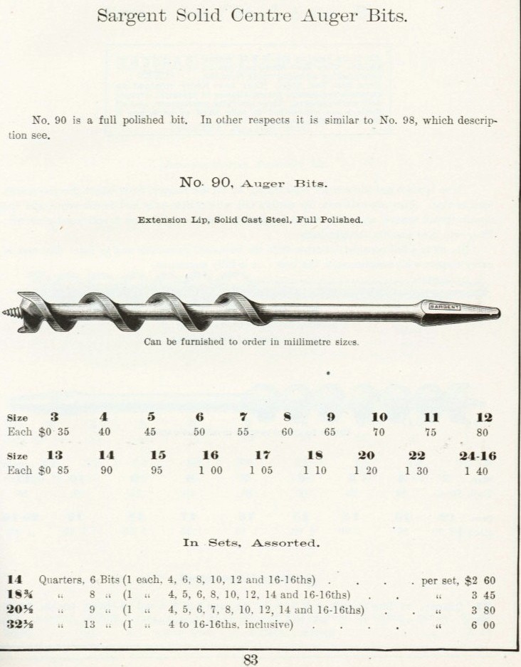 Sargent #90 solid center auger bit 1911 catalog