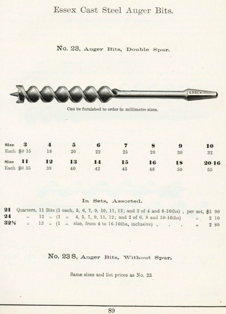 Sargent Essex cast steel auger bit 1911 catalog