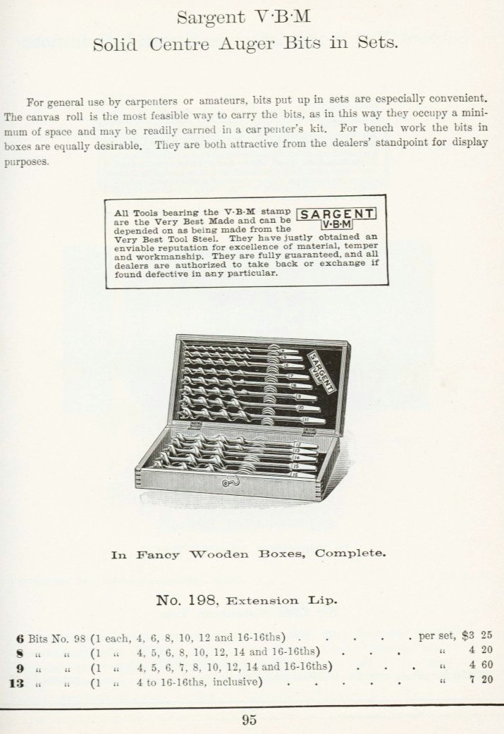 Sargent auger bit set 198 from 1911 catalog