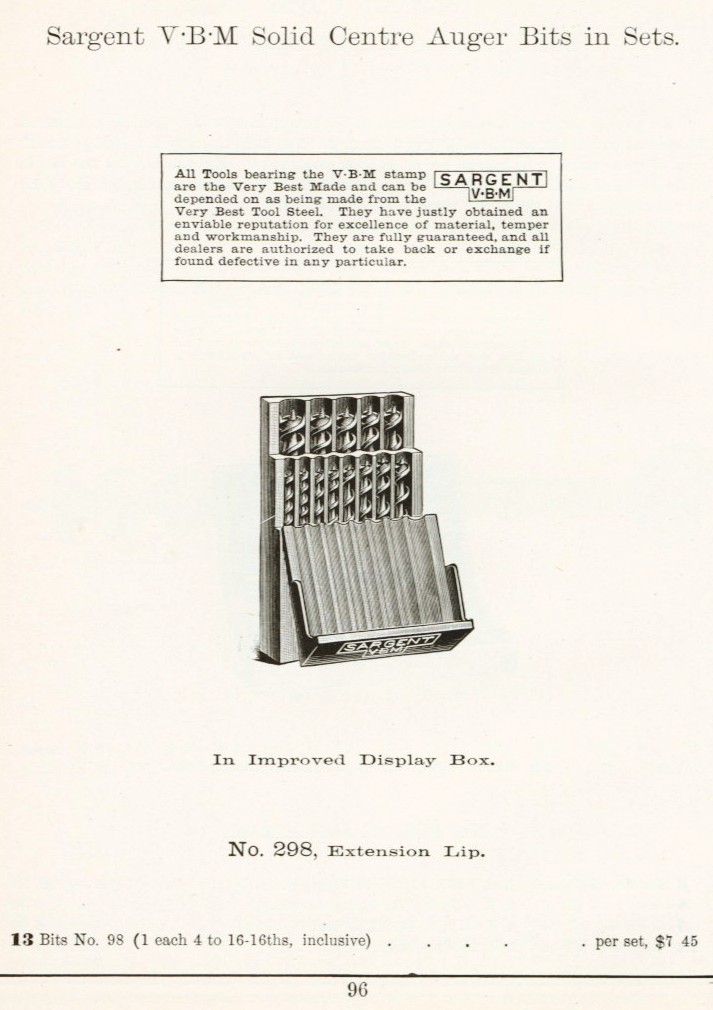 Sargent solid auger bit set 298 from 1911 catalog
