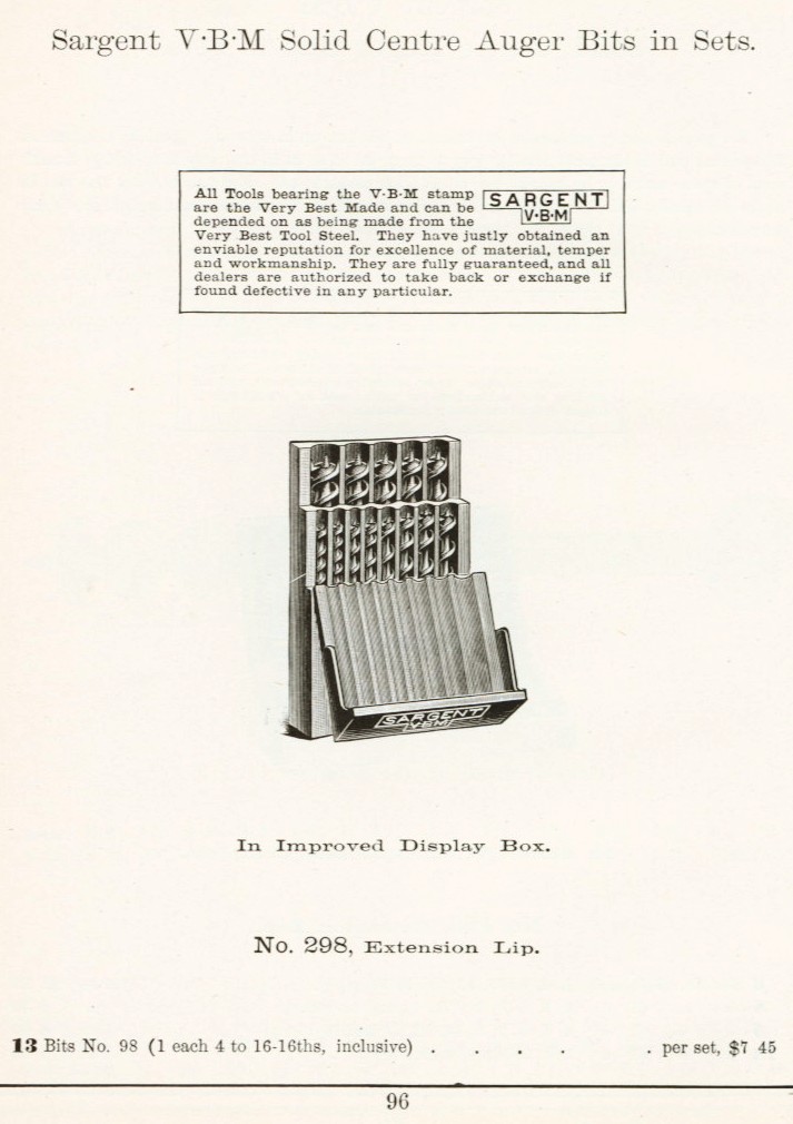 Sargent solid auger bit set 298 from 1911 catalog