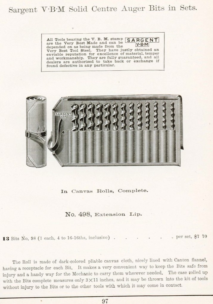 Sargent solid center auger bit set 498 from 1911