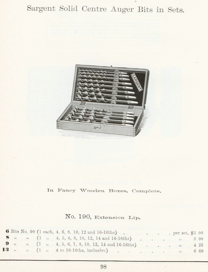 Sargent solid center auger bit set 190 from 1911