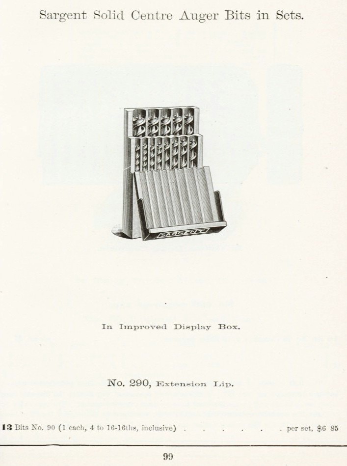 Sargent solid center auger bit set 290 from 1911